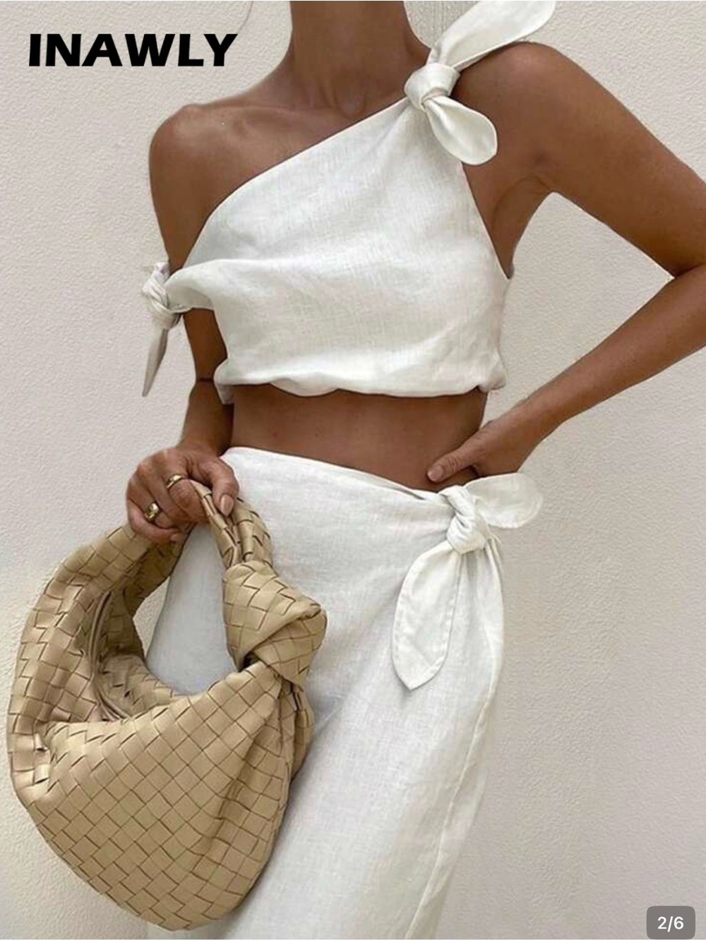 SHEIN White One-Shoulder Tie Maxi Skirt Set